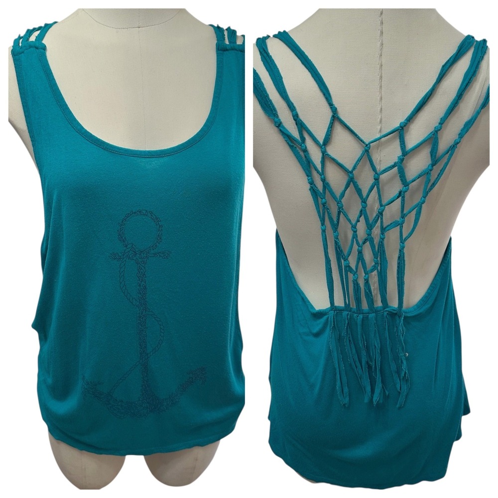 Roxy Tank Top Women M Teal‎ Anchor Graphic Macrame Knotted Open Back Summer Boho